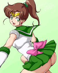 Rule 34 | 1990s (style), 1girl, :d, arched back, ass, bishoujo senshi sailor moon, bow, brown hair, elbow gloves, gloves, green eyes, green skirt, hair bobbles, hair ornament, isu, kino makoto, looking back, lowres, magical girl, no panties, open mouth, pink bow, ponytail, sailor jupiter, skirt, smile, solo, upskirt, when you see it
