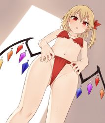 Rule 34 | 1girl, :o, bikini, blonde hair, breasts, commentary request, flandre scarlet, frilled bikini, frills, from below, gluteal fold, hair between eyes, highres, looking at viewer, looking down, miyo (ranthath), navel, red bikini, red eyes, side ponytail, simple background, small breasts, solo, swimsuit, touhou, wedgie, white background, wings