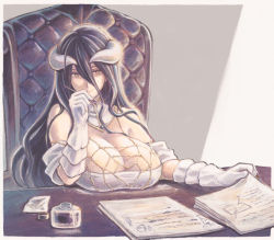 Rule 34 | 1girl, albedo (overlord), bare shoulders, black hair, breast rest, breasts, calligraphy brush, chair, cleavage, closed mouth, demon girl, demon horns, desk, detached collar, dress, gloves, hair between eyes, holding, holding paper, holding pen, horns, ink bottle, jewelry, large breasts, long hair, necklace, overlord (maruyama), paintbrush, paper, paper stack, papers, pen, slit pupils, solo, user xgpy8228, white dress, white gloves, yellow eyes