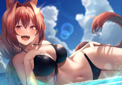 Rule 34 | 1girl, alternate costume, animal ears, bikini, black bikini, blue sky, blush, breasts, brown hair, commentary request, daiwa scarlet (umamusume), dutch angle, fang, hair intakes, halterneck, highres, horse ears, horse girl, horse tail, large breasts, long hair, looking at viewer, lying, navel, on side, open mouth, ray mil68, red eyes, shallow water, sky, solo, string bikini, swimsuit, tail, thighs, umamusume, very long hair, water, wet