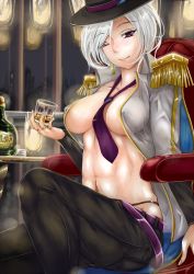 Rule 34 | 1girl, abs, breasts, hat, large breasts, necktie, no bra, nonoririn, one eye closed, open clothes, open shirt, original, shirt, short hair, silver hair, solo, wink