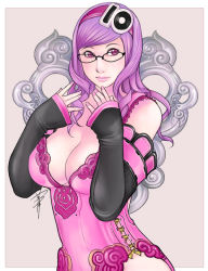 Rule 34 | 1girl, bad id, bad pixiv id, breasts, cleavage, glasses, hairband, kusagami style, large breasts, lips, long hair, looking at viewer, nail polish, original, purple eyes, purple hair, signature, simple background, solo, standing