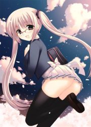 Rule 34 | 1girl, ass, black eyes, black thighhighs, blonde hair, cherry blossoms, cloud, fang, glasses, long hair, no panties, open mouth, original, petals, school uniform, solo, takano miki, thighhighs, twintails