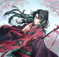 Rule 34 | 1boy, black hair, blurry, cherry blossoms, chinese clothes, chinese hairpin, depth of field, fate/samurai remnant, fate (series), hair tie, half updo, hanfu, holding hairpin, keclpshvli, long hair, long sleeves, looking at viewer, low-tied sidelocks, male focus, red eyes, red hanfu, sash, smile, solo, tassel, upper body, wide sleeves, wind, wind lift, zheng chenggong (fate)