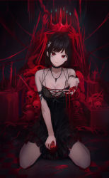 Rule 34 | 1girl, absurdres, apple, bad id, bad pixiv id, black choker, black dress, black hair, blood, blood splatter, breasts, checkered floor, choker, cleavage, closed mouth, collarbone, dress, food, fruit, full body, hair ornament, highres, holding, holding food, holding fruit, huge filesize, jewelry, large breasts, looking at viewer, original, pendant, red apple, red eyes, red theme, shichi (ratorin53), short dress, short hair, sitting, skeleton, skull, sleeveless, sleeveless dress, smile, solo, wariza