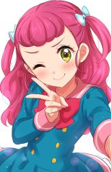Rule 34 | 10s, 1girl, ;), absurdres, aged up, aikatsu! (series), aikatsu friends!, blush, bow, bowtie, close-up, commentary request, dress, green eyes, hair bow, highres, lens flare, long hair, one eye closed, pink hair, reaching, reaching towards viewer, sailor collar, school uniform, sekina, selfie, short twintails, simple background, smile, solo, star harmony academy school uniform, taking picture, twintails, two side up, upper body, v, white background, yuuki momone