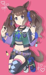 Rule 34 | 1girl, animal ears, bangle, blue eyes, blush, bracelet, breasts, brown hair, closed mouth, collar, commentary request, fishnet top, fishnets, full body, green jacket, green shirt, hands up, highres, horse ears, horse girl, jacket, jewelry, long hair, long sleeves, looking at viewer, midriff, multicolored nails, navel, nazono77, open clothes, open jacket, pink background, purple collar, shirt, simple background, solo, tosen jordan (umamusume), twintails, umamusume, upper body, very long hair