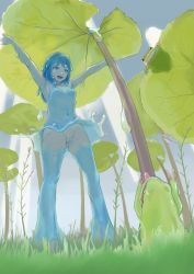 Rule 34 | 1girl, :d, animal, armpits, arms up, blue eyes, blue hair, cleft of venus, dress, forest, frog, from below, grass, highres, leaf, liquid clothes, liquid hair, looking down, monster girl, nature, no panties, open mouth, original, pussy, shimokori, slime girl, smile, standing, strapless, strapless dress, thighhighs, upskirt