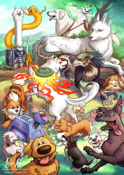 Rule 34 | adventure time, akamaru (naruto), amaterasu (ookami), animal collar, armor, avatar legends, blue sky, bolt (character), brown eyes, capcom, chain, claws, closed eyes, coco (disney), collar, commentary request, cowboy bebop, creature, creatures (company), crossover, dante (coco), day, doctor who, dog, dug (up), ein (cowboy bebop), eye contact, fangs, floating, flower, game freak, gen 1 pokemon, ghost, grass, growlithe, heen, highres, holding, holding sword, holding weapon, howl no ugoku shiro, jake the dog, k-9, lesser dog, link, looking at another, looking at viewer, lying, mononoke hime, moro (mononoke hime), moro no kimi, mountainous horizon, multiple crossover, multiple dogs, naga (avatar), naruto, naruto (series), nintendo, no humans, non-humanoid robot, on stomach, ookami (game), outdoors, pixar, pokemon, pokemon (creature), risachantag, robot, robot animal, rwby, sen to chihiro no kamikakushi, shield, signature, sky, standing, sword, the legend of korra, the legend of zelda, the legend of zelda: twilight princess, the nightmare before christmas, tongue, tongue out, too many, too many dogs, trait connection, tree, undertale, watermark, weapon, web address, welsh corgi, white wolf, wolf, wolf link, zero (nbc), zwei (rwby)