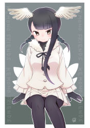Rule 34 | 1girl, absurdres, artist name, text background, bird wings, black-headed ibis (kemono friends), black hair, black ribbon, blouse, border, braid, brown eyes, closed mouth, commentary, dated, head wings, highres, invisible chair, itsumip, kemono friends, light frown, long hair, long sleeves, looking at viewer, low twintails, miniskirt, neck ribbon, outline, outside border, pantyhose, pleated skirt, ribbon, shirt, signature, single sidelock, sitting, skirt, solo, twintails, white border, white outline, white shirt, white skirt, wings