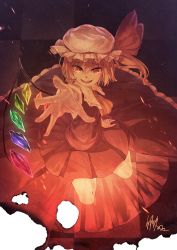 Rule 34 | 1girl, :d, ascot, flandre scarlet, hat, ibuki notsu, looking at viewer, mob cap, open mouth, reaching, side ponytail, slit pupils, smile, smirk, solo, touhou, vampire, wings