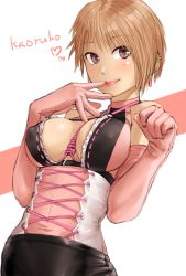 Rule 34 | 1girl, asymmetrical bangs, blonde hair, blush, breasts, brown eyes, closed mouth, corset, covered erect nipples, earrings, elbow gloves, gloves, hands up, highres, jewelry, kilye kairi, latex, looking at viewer, medium breasts, original, pink gloves, smile, solo