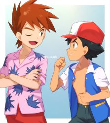 Rule 34 | 2boys, ;d, ash ketchum, baseball cap, black hair, blue jacket, brown eyes, brown hair, buttons, chitozen (pri zen), clenched hands, creatures (company), crossed arms, eye contact, game freak, gary oak, hat, highres, jacket, looking at another, male focus, multiple boys, nintendo, one eye closed, open clothes, open jacket, open mouth, parted lips, pink shirt, pokemon, pokemon (anime), pokemon (classic anime), red headwear, shirt, short hair, short sleeves, smile, spiked hair, tongue