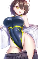 Rule 34 | 1girl, ahoge, azur lane, bad id, bad pixiv id, baltimore (after-school ace) (azur lane), baltimore (azur lane), black skirt, black one-piece swimsuit, braid, breasts, brown hair, choker, commentary request, competition swimsuit, contrapposto, cowboy shot, dress shirt, french braid, hair between eyes, highleg, large breasts, oboenikui namae, one-piece swimsuit, pleated skirt, shirt, short hair, simple background, skirt, solo, swimsuit, swimsuit under clothes, undressing, white background, yellow eyes