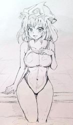 Rule 34 | 1girl, breasts, collarbone, commentary request, competition school swimsuit, competition swimsuit, covered navel, d-m (dii emu), female focus, greyscale, hand on own chest, hat, legs together, looking at viewer, medium breasts, medium hair, mob cap, monochrome, one-piece swimsuit, open mouth, saigyouji yuyuko, school swimsuit, simple background, sitting, smile, solo, swimsuit, thighs, touhou, traditional media, triangular headpiece