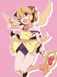 Rule 34 | animal ears, bandaid, bandaid on knee, bandaid on leg, blush, blush stickers, bob cut, boots, bow, bowtie, bracelet, brown hair, collar, dress, earrings, fur boots, highres, hoop earrings, jewelry, jumping, magical girl, morumi, multicolored hair, one eye closed, open mouth, outline, pendant, pink background, pui pui molcar, red eyes, school swimsuit, solo, strap slip, swimsuit, swimsuit under clothes, teeth, two-tone hair, v, wand, watanabe akio, wings