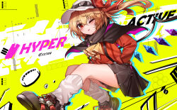 Rule 34 | 1girl, ;p, absurdres, alternate costume, artist name, ascot, baseball cap, black capelet, black footwear, black skirt, blonde hair, bow, capelet, closed mouth, commentary, crystal, english commentary, flandre scarlet, full body, goggles, goggles on headwear, hands in pocket, hat, hat bow, highres, long hair, long sleeves, looking at viewer, loose socks, one eye closed, red bow, red eyes, red shirt, shirt, skirt, smile, socks, solo, suspenders, tongue, tongue out, top-exerou, touhou, white hat, white socks, wings, yellow ascot