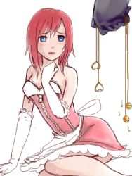 Rule 34 | 1girl, bdsm, bell, blue eyes, dress, elbow gloves, female focus, gloves, kairi (shery rakuura), kingdom hearts, lowres, maid, nipple clamps, nipples, red hair, sitting, solo, white background, you gonna get raped