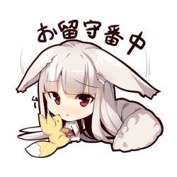 Rule 34 | 1girl, :t, absurdly long hair, animal ears, barefoot, blush, chibi, closed mouth, ears down, fox ears, fox girl, fox tail, holding, holding stuffed toy, japanese clothes, kimono, long hair, long sleeves, looking at viewer, obi, original, pout, red eyes, sash, silver hair, simple background, solo, standing, stuffed animal, stuffed fox, stuffed toy, tail, translated, very long hair, white background, white kimono, wide sleeves, yuuji (yukimimi)