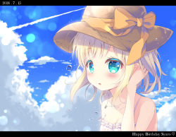 Rule 34 | 1girl, :o, arm up, bad id, bad pixiv id, bare arms, bare shoulders, blonde hair, blue sky, bow, breasts, brown hat, character name, cleavage, cloud, cloudy sky, collarbone, commentary request, day, dress, gochuumon wa usagi desu ka?, green eyes, happy birthday, hat, hat bow, kirima syaro, letterboxed, looking at viewer, orange bow, outdoors, parted lips, satsuki yukimi, sky, sleeveless, sleeveless dress, small breasts, solo, strap slip, sun hat, water drop, white dress