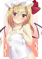 Rule 34 | 1girl, 9150namihana, absurdres, bare shoulders, blonde hair, blush, commentary request, crystal, eyebrows hidden by hair, flandre scarlet, gradient background, hair between eyes, hands on own chest, hat, head tilt, highres, impossible clothes, looking at viewer, medium hair, mob cap, one-piece swimsuit, open mouth, orange background, red eyes, solo, swimsuit, teeth, touhou, triangle mouth, upper teeth only, white hat, white one-piece swimsuit, wings