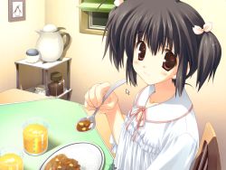 Rule 34 | 00s, 1girl, black hair, curry, eating, food, game cg, juice, mitsumi misato, orange juice, red eyes, solo, table, to heart (series), to heart 2, twintails, yuzuhara konomi