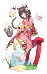 1girl :d absurdres animal_ear_hairband animal_ears artist_request black_hairband blush brown_hair brown_tail bug butterfly cat cat_ear_hairband cat_ears cat_tail cattail cloud commentary_request fake_animal_ears fish fish_request floral_print floral_print_kimono flower food food_request geta grass grey_cat hair_flower hair_ornament hairband highres holding holding_food insect japanese_clothes jumping kanzashi kimono korean_commentary lantern open_mouth original paper_lantern pink_kimono plant platform_clogs platform_footwear pom_pom_(clothes) pom_pom_hair_ornament prunechi red_eyes sash second-party_source short_hair simple_background smile socks tail teeth torii tsumami_kanzashi upper_teeth_only white_background white_sash white_socks