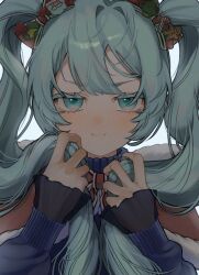 Rule 34 | 1girl, :t, blue eyes, blue hair, blue jacket, blush, bow, capelet, close-up, collared jacket, fur-trimmed capelet, fur trim, hair bow, hatsune miku, highres, holding own hair, inukai (inusuki oc), jacket, long hair, looking at viewer, portrait, pout, red bow, red capelet, solo, straight-on, twintails, v-shaped eyebrows, vocaloid
