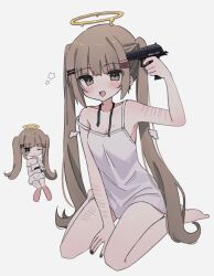 Rule 34 | 1girl, barefoot, between legs, black nails, blush, blush stickers, breasts, brown eyes, brown hair, chibi, chibi inset, closed mouth, cuts, detached wings, dress, gun, gun to head, hair ornament, hairclip, halo, hand between legs, hand up, highres, holding, holding gun, holding weapon, injury, kanikan, long hair, looking at viewer, melting halo, mini wings, mole, mole on breast, multiple views, nail polish, neck ribbon, one eye closed, open mouth, original, ribbon, scar, scar on arm, scar on leg, self-harm scar, simple background, sitting, sleeveless, sleeveless dress, small breasts, spaghetti strap, star (symbol), strap slip, twintails, twitter username, undone neck ribbon, very long hair, weapon, white background, white dress, wings