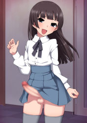 Rule 34 | 1boy, black hair, blue eyes, blush, censored, crossdressing, erection, highres, hime cut, long hair, male focus, mosaic censoring, open mouth, penis, smile, tagme, testicles, thighhighs, thighs, trap, wataya