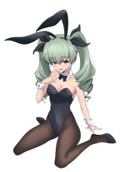 Rule 34 | 1girl, absurdres, anchovy (girls und panzer), animal ears, black leotard, blush, breasts, brown pantyhose, cleavage, covered navel, drill hair, fake animal ears, girls und panzer, green hair, hair ribbon, highres, large breasts, leotard, long hair, looking at viewer, nishizuki shino, open mouth, pantyhose, playboy bunny, rabbit ears, red eyes, ribbon, sitting, smile, solo, twin drills