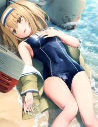 Rule 34 | 10s, 1girl, :d, bare legs, bare shoulders, beach, blazer, breasts, brown eyes, brown hair, brown jacket, character name, chromatic aberration, covered navel, day, goribote, hairband, hand on breast, hand on own chest, i-26 (kancolle), jacket, kantai collection, long sleeves, looking at viewer, lying, machinery, medium breasts, name tag, new school swimsuit, off shoulder, on back, one-piece swimsuit, open clothes, open jacket, open mouth, outdoors, revision, sand, school swimsuit, shiny clothes, short hair, smile, solo, swimsuit, tareme, twintails, two-tone hairband, unzipped, water, water drop