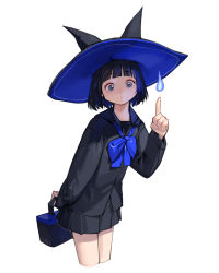 Rule 34 | 1girl, black hat, black shirt, black skirt, blue bow, blue bowtie, blue fire, blue hair, blue hat, blunt bangs, bow, bowtie, cropped legs, fire, grey eyes, hat, highres, holding, index finger raised, long sleeves, original, pleated skirt, rinotuna, shirt, short hair, simple background, skirt, solo, white background, witch hat