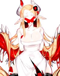 Rule 34 | black pupils, black sclera, blood, breasts, cleavage, closed eyes, colored sclera, demon girl, demon horns, dress, eldritch abomination, extra eyes, highres, horns, large breasts, long ears, monster girl, original, red eyes, red sclera, side slit, thick thighs, thighhighs, thighs, usa37107692, wide hips
