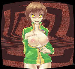 Rule 34 | 1girl, atlus, bob cut, bottomless, breasts, breasts out, brown hair, dark persona, greyface, jacket, large breasts, naked jacket, nipples, no bra, no pants, persona, persona 4, pin, pussy, satonaka chie, shaded face, shadow (persona), short hair, smile, solo, track jacket, uncensored, undressing, unzipped, unzipping, yellow eyes