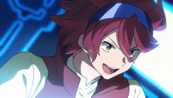 Rule 34 | 1boy, :d, asada hachi, commentary, eyewear on head, from side, gundam, gundam build fighters, hair between eyes, highres, looking to the side, male focus, open mouth, red eyes, red hair, red vest, reiji (gundam bf), shirt, short hair, smile, solo, sunglasses, teeth, twitter username, upper teeth only, vest, watermark, white shirt