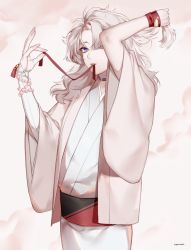 Rule 34 | 1boy, arm up, beads, bridal gauntlets, collar, fingernails, grey kimono, hair over one eye, hand up, haori, holding, holding own hair, holding ribbon, horns, inanome me, japanese clothes, kimono, long hair, long sleeves, looking at viewer, male focus, mouth hold, one eye covered, original, parted bangs, prayer beads, purple eyes, red ribbon, ribbon, ribbon in mouth, silver hair, single horn, solo, tassel, tying hair, upper body, wristband