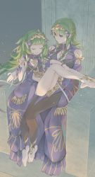 Rule 34 | 2girls, absurdres, barefoot, black thighhighs, braid, breasts, byleth (female) (fire emblem), byleth (fire emblem), closed eyes, cosplay, dragon girl, dress, fire emblem, fire emblem: three houses, green eyes, green hair, hair ornament, height difference, high heels, highres, large breasts, long dress, long hair, multiple girls, nintendo, official alternate costume, pantyhose, pointy ears, purple dress, ribbon braid, sitting, sitting on person, sokoo, sothis (fire emblem), sothis (fire emblem) (cosplay), talisman, thighhighs, throne, tiara, twin braids, very long hair