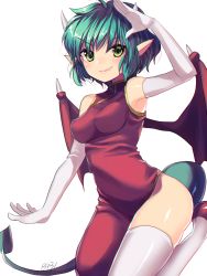 Rule 34 | &gt;:), 1girl, 8931ponzu, arm up, bare shoulders, breasts, china dress, chinese clothes, closed mouth, draco centauros, dragon girl, dragon horns, dragon tail, dragon wings, dress, elbow gloves, fang, fang out, gloves, green eyes, green hair, horns, looking at viewer, madou monogatari, medium breasts, pointy ears, puyopuyo, red dress, red footwear, red wings, short hair, simple background, sleeveless, sleeveless dress, smile, solo, tail, thighhighs, v-shaped eyebrows, white background, white gloves, white horns, white thighhighs, wings