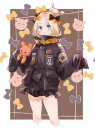 Rule 34 | 1girl, :d, abigail williams (fate), abigail williams (traveling outfit) (fate), black bow, black jacket, blonde hair, blue eyes, blush, bow, cropped legs, crossed bandaids, fate/grand order, fate (series), hair bow, hair bun, hands up, heroic spirit traveling outfit, highres, jacket, key, lizi13896363898, long hair, long sleeves, official alternate costume, open mouth, orange bow, parted bangs, polka dot, polka dot bow, single hair bun, sleeves past fingers, sleeves past wrists, smile, solo, star (symbol), stuffed animal, stuffed toy, teddy bear