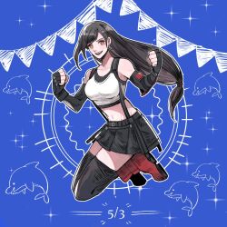Rule 34 | 1girl, arm guards, bare shoulders, birthday, black gloves, black hair, black skirt, black sports bra, black thighhighs, blue background, boots, breasts, clenched hands, collarbone, commentary, crop top, dated, dolphin, earrings, elbow gloves, final fantasy, final fantasy vii, final fantasy vii remake, fingerless gloves, full body, gloves, highres, jewelry, large breasts, long hair, looking at viewer, low-tied long hair, midriff, navel, nnnmmg0725, open mouth, red eyes, red footwear, single earring, skirt, solo, sparkle, sports bra, suspender skirt, suspenders, swept bangs, tank top, teardrop earring, teeth, thighhighs, tifa lockhart, toned, upper teeth only, white tank top, zettai ryouiki