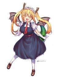 Rule 34 | 10s, 1girl, :d, blonde hair, breasts, dragon girl, dragon tail, fang, full body, gloves, highres, horns, kirisaki shuusei, kobayashi-san chi no maidragon, large breasts, large tail, looking at viewer, maid, maid headdress, necktie, open mouth, orange eyes, pantyhose, puffy short sleeves, puffy sleeves, short sleeves, smile, solo, tail, tohru (maidragon), twintails, white gloves, white pantyhose, wings