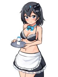 Rule 34 | 1girl, apron, bare arms, bare shoulders, black bow, black bra, black eyes, black hair, blue bow, blue bowtie, blush, bottle, bow, bowtie, bra, breasts, commentary, cowboy shot, frilled skirt, frills, hair bow, head wings, highres, holding, holding tray, kemono friends, looking at viewer, maid, medium breasts, medium hair, milk bottle, navel, no shirt, shiraha maru, simple background, skirt, smile, solo, superb bird-of-paradise (kemono friends), tail, tray, twitter username, underwear, waist apron, white background, wings