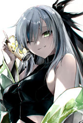 Rule 34 | 1girl, absurdres, bare shoulders, black hair, black shirt, breasts, can, cropped shirt, drink can, fate/grand order, fate (series), green eyes, green jacket, grin, hair between eyes, highres, jacket, kino kokko, long hair, long sleeves, looking at viewer, medium breasts, multicolored clothes, multicolored hair, multicolored jacket, nagao kagetora (fate), off shoulder, one eye closed, open clothes, open jacket, shirt, sidelocks, sleeveless, sleeveless shirt, smile, solo, two-tone hair, two-tone jacket, uesugi kenshin (fate), uesugi kenshin (second ascension) (fate), white hair, white jacket
