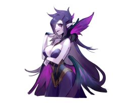 Rule 34 | 1girl, asami okutoshioku, bare arms, bare shoulders, breasts, cleavage, collarbone, cropped legs, demon girl, demon wings, dress, from side, glowing, glowing eyes, hand up, highres, large breasts, league of legends, long hair, morgana (league of legends), pointy ears, purple dress, purple eyes, simple background, solo, white background, wings