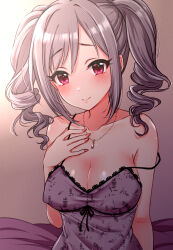 Rule 34 | 1girl, absurdres, bare shoulders, blush, breasts, camisole, cleavage, commentary request, covered erect nipples, drill hair, grey hair, highres, idolmaster, idolmaster cinderella girls, jewelry, kanzaki ranko, large breasts, long hair, looking at viewer, mariabowl, necklace, on bed, red eyes, red nails, solo, swept bangs, twin drills, twintails, underwear, upper body