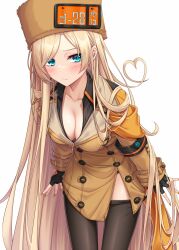 1girl black_gloves black_panties black_pantyhose blonde_hair blue_eyes blush breasts brown_dress brown_hat cleavage closed_mouth clothes_pull collarbone commentary_request dress fingerless_gloves fur_hat gloves guilty_gear guilty_gear_strive hat heart heart_hair highres long_hair long_sleeves medium_breasts millia_rage panties pantyhose pantyhose_pull pulling_own_clothes simple_background sleeves_past_wrists solo standing swept_bangs underwear very_long_hair white_background yoye_(pastel_white)