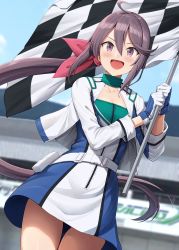 Rule 34 | 1girl, akebono (kancolle), belt, blue skirt, blurry, blurry background, blush, checkered flag, collarbone, cowboy shot, flag, fuji speedway, gloves, hair between eyes, hair ribbon, highres, holding, holding flag, ichikawa feesu, jacket, kantai collection, long hair, long sleeves, official alternate costume, open clothes, open jacket, open mouth, pink ribbon, purple eyes, purple hair, race queen, ribbon, side ponytail, skirt, smile, solo, white belt, white gloves, white jacket, white skirt