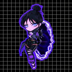 Rule 34 | absurdres, animification, apex legends, belt, black bodysuit, black hair, black scarf, blue eyes, bodysuit, brown belt, chibi, commentary, electricity, english commentary, frown, hair behind ear, highres, holding, holding knife, knife, kunai, looking at viewer, mika (mikvoh), parted bangs, portal (object), scarf, weapon, wraith&#039;s kunai, wraith (apex legends)