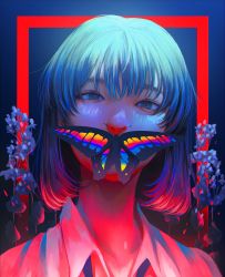 Rule 34 | 1girl, blue eyes, blue flower, blue hair, bob cut, bug, butterfly, butterfly on mouth, collared shirt, flower, head tilt, highres, insect, looking at viewer, original, portrait, shirt, solo, wataboku, white shirt, wing collar